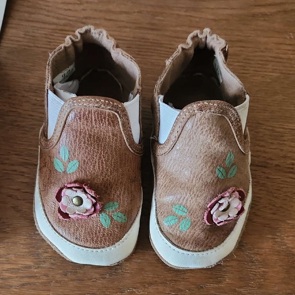 Robeez Soft Soles Brown Leather Floral Toddler Shoes 12-18months. Girls